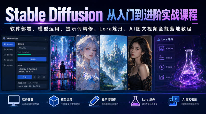 Stable Diffusion从入门到进阶实战课程|软件部署、模型运用、提示词精修、Lora炼丹、AI图文视频全能落地教程-寒山客