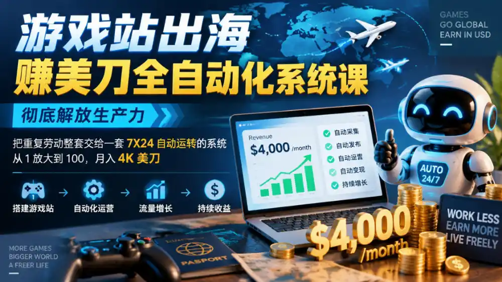 游戏站出海賺美刀全自动化系统课，彻底解放生产力–把重复劳动整套交给一套7X24自动运转的系统，从1放大到100，月入4K美刀-小创项目网