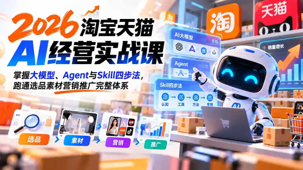 【无水印】2026淘宝天猫AI经营实战课：掌握大模型、Agent与Skill四步法，跑通选品素材营销推广完整体系-寒山客