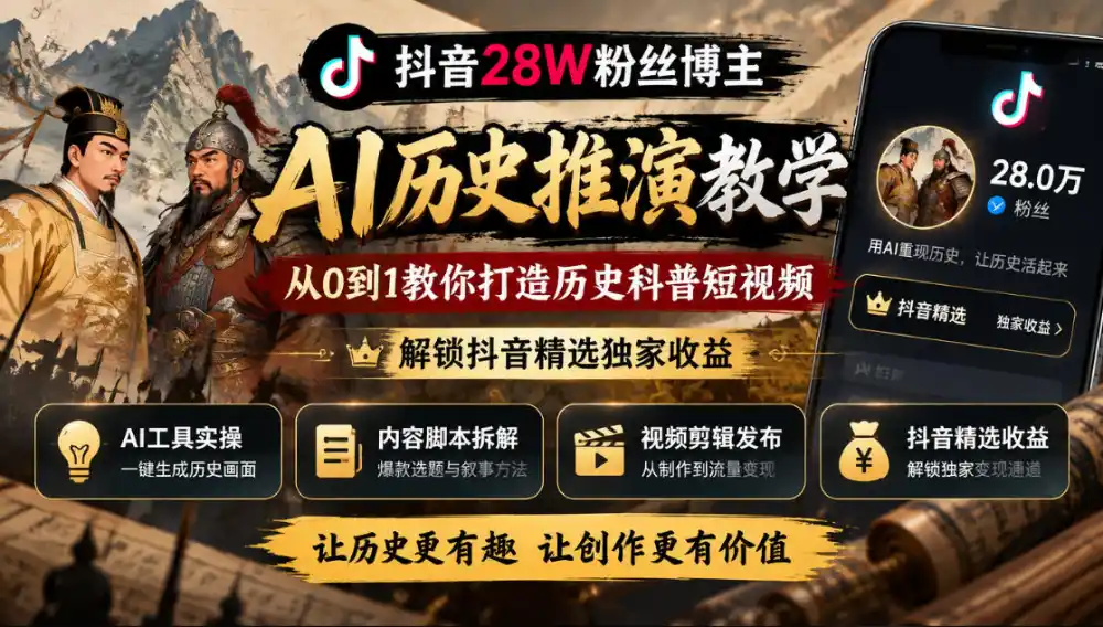 抖音28W粉丝博主的AI历史推演教学，从0到1教你打造历史科普短视频，解锁抖音精选独家收益-小创项目网