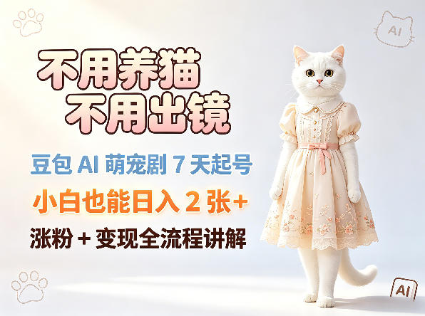 不用养猫不用出镜，豆包AI萌宠剧7天起号，小白也能日入2张+，涨粉+变现全流程讲解-小创项目网