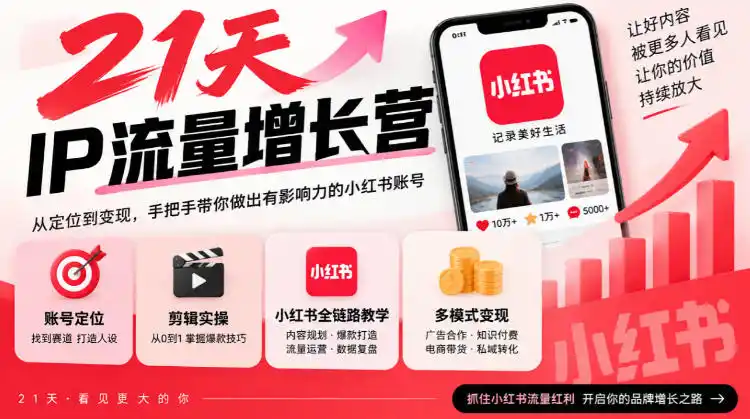 21天IP流量增长营，小红书全链路教学，账号定位剪辑实操，多模式变现系统课-小创项目网