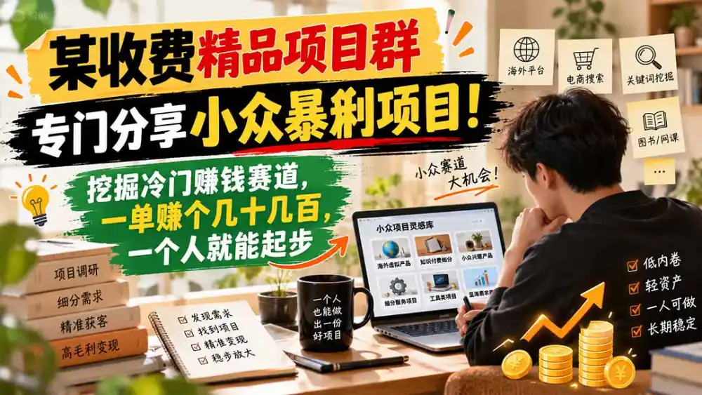 某收费精品项目群，专门分享小众暴俐项目！挖掘冷门赚钱赛道，一单赚个几十几百，一个人就能起步-小创项目网