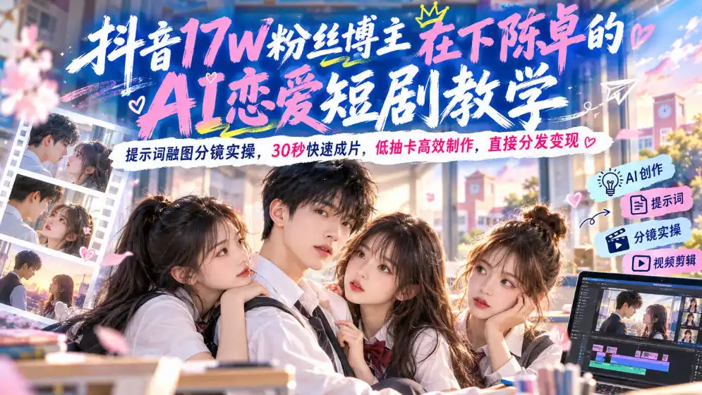 抖音17W粉丝博主在下陈卓的AI恋爱短剧教学，提示词融图分镜实操，30秒快速成片，低抽卡高效制作，直接分发变现-小创项目网