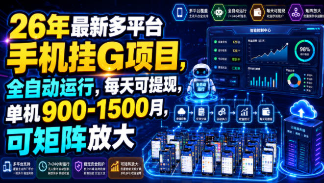 26年最新多平台手机挂G项目，全自动运行，每天可提现，单机900-1500月，可矩阵放大【揭秘】-小创项目网