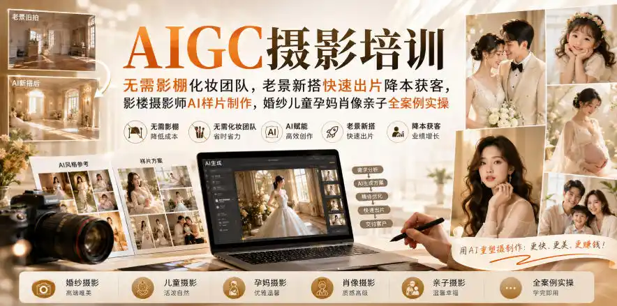 AIGC摄影培训｜无需影棚化妆团队，老景新搭快速出片降本获客，影楼摄影师AI样片制作，婚纱儿童孕妈肖像亲子全案例实操-小创项目网