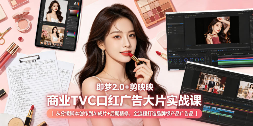 即梦2.0+剪映商业TVC口红广告大片实战课｜从分镜脚本创作到AI成片+后期精修，全流程打造品牌级产品广告-寒山客