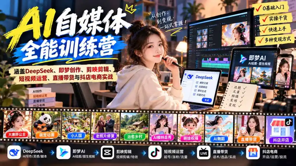 【无水印】AI+自媒体全能训练营：涵盖DeepSeek、即梦创作、剪映剪辑、短视频运营、直播带货与抖店电商实战-小创项目网
