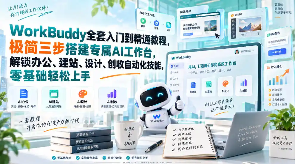 WorkBuddy全套入门到精通教程,极简三步搭建专属AI工作台,解锁办公、建站、设计、创收自动化技能,零基础轻松上手