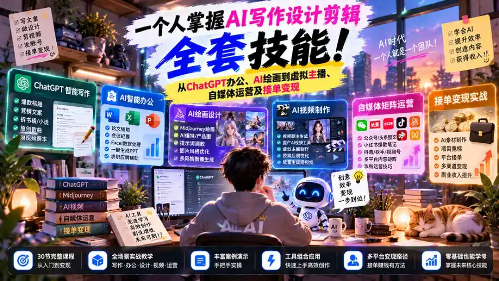 一个人掌握AI写作设计剪辑全套技能：从ChatGPT办公、AI绘画到虚拟主播、自媒体运营及接单变现-小创项目网