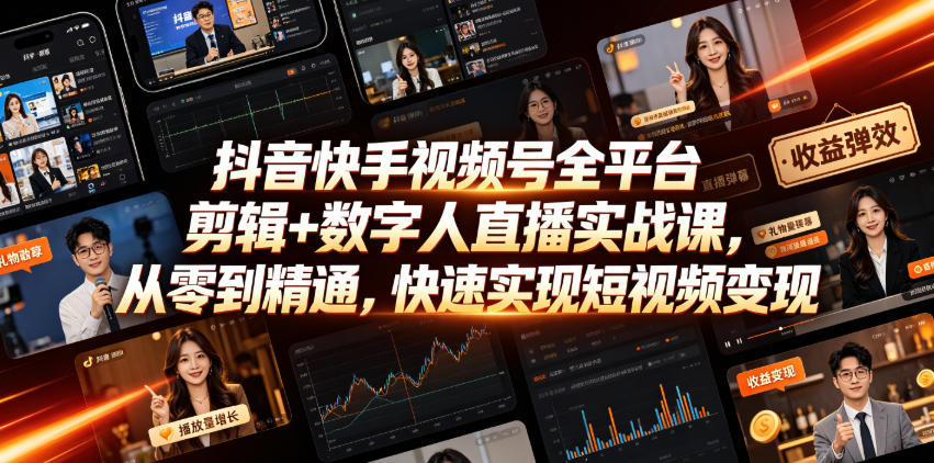 抖音快手视频号全平台剪辑+数字人直播实战课，从零到精通，快速实现短视频变现(更新2026年6月)-小创项目网