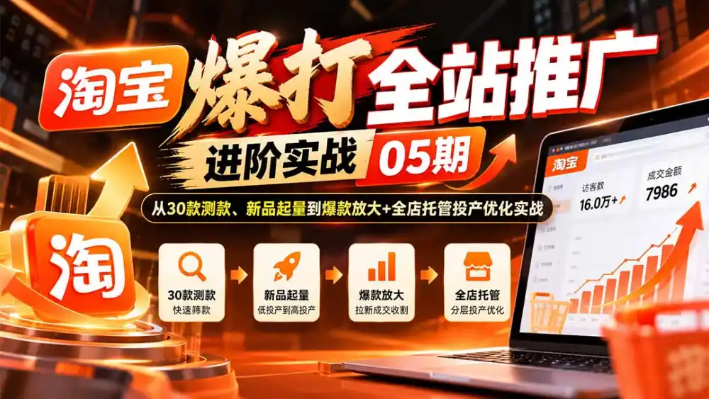 淘宝爆打全站推广进阶实战05期：从30款测款、新品起量到爆款放大+全店托管投产优化实战-小创项目网