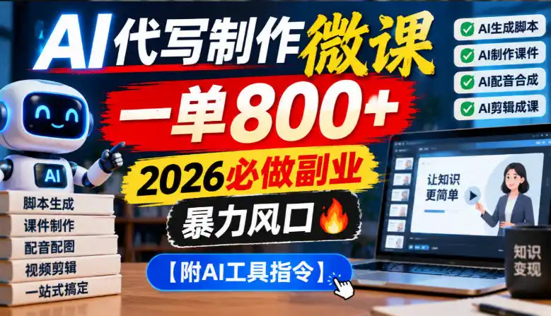 AI代写制作微课，一单800+，2026必做副业，暴力风口【附AI工具指令】【揭秘】-小创项目网