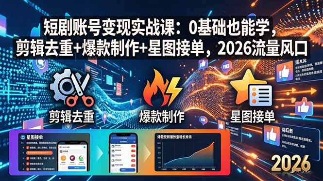 短剧账号变现实战课：0基础也能学，剪辑去重+爆款制作+星图接单，2026流量风口-小创项目网