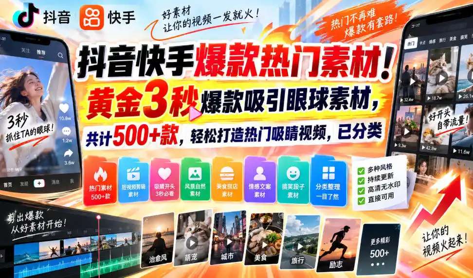 抖音快手爆款热门素材！黄金3秒爆款吸引眼球素材，共计500+款，轻松打造热门吸睛视频，已分类-寒山客