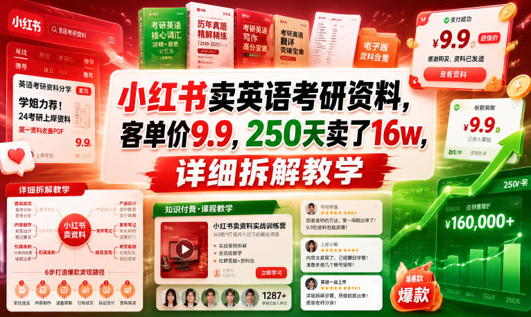 小红书卖英语考研资料，客单价9.9，250天卖了16w，详细拆解教学-小创项目网