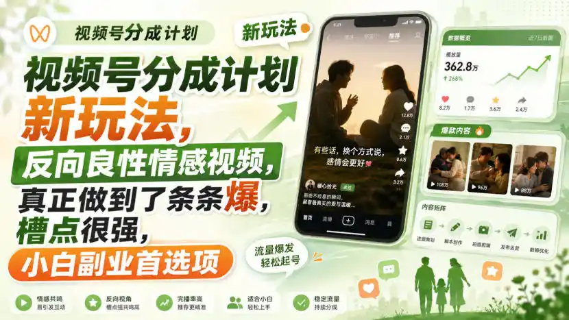 视频号分成计划新玩法，反向良性情感视频，真正做到了条条爆，槽点很强，小白副业首选项-小创项目网