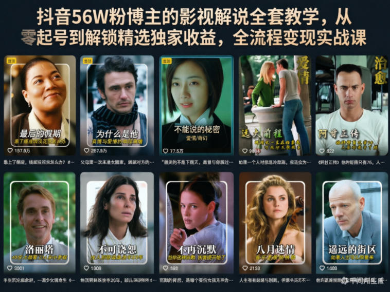 抖音56W粉博主的影视解说全套教学，从零起号到解锁精选独家收益，全流程变现实战课-小创项目网