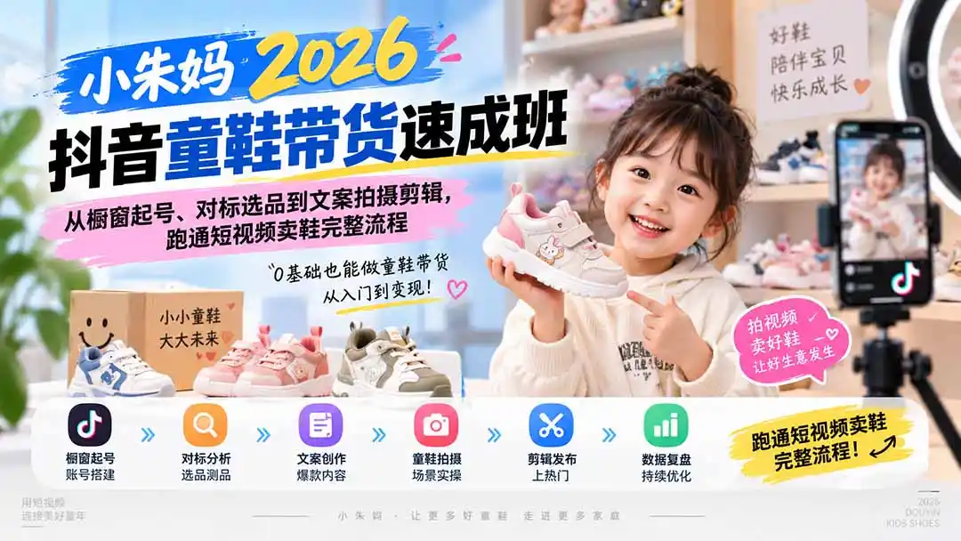 小朱妈2026抖音童鞋带货速成班：从橱窗起号、对标选品到文案拍摄剪辑，跑通短视频卖鞋完整流程-小创项目网