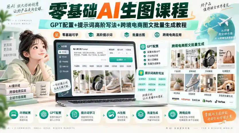 零基础AI生图课程，GPT配置+提示词高阶写法+跨境电商图文批量生成教程-大伟资源网