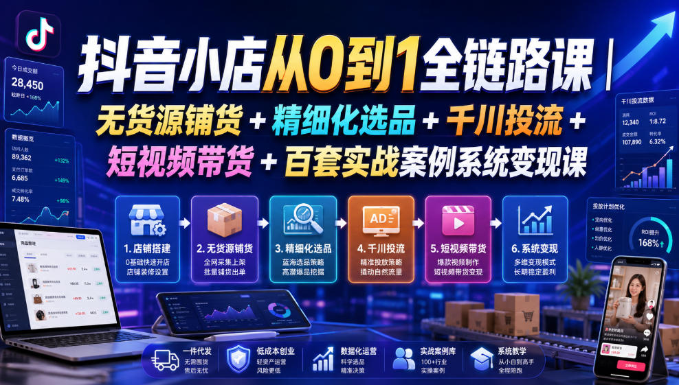 抖音小店从0到1全链路课|无货源铺货+精细化选品+千川投流+短视频带货+百套实战案例系统变现课(2026年7月更新)-寒山客
