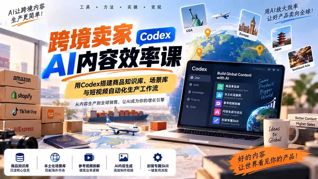 跨境卖家AI内容效率课：用Codex搭建商品知识库、场景库与短视频自动化生产工作流-寒山客