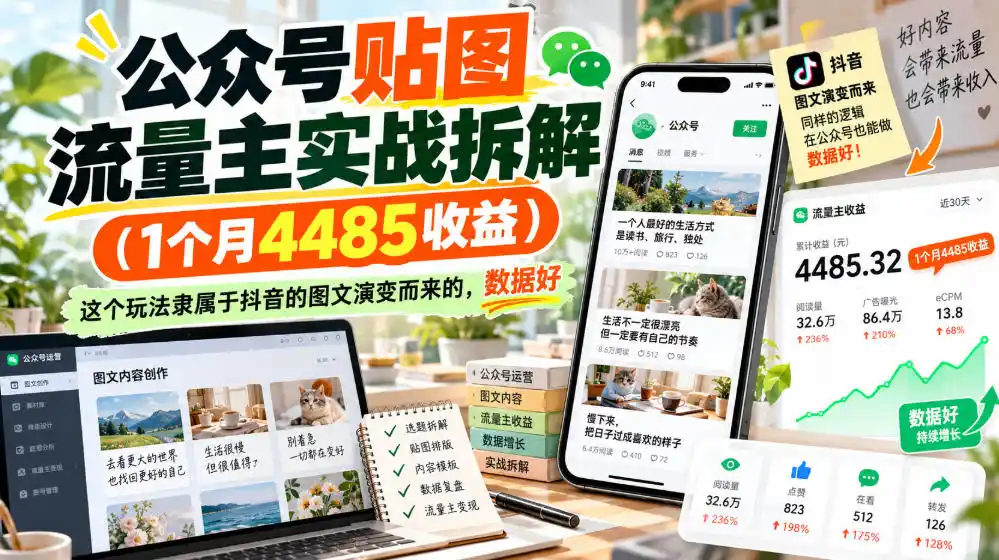 公众号贴图流量主实战拆解(1个月4485收益)，这个玩法隶属于抖音的图文演变而来的，数据好-小创项目网