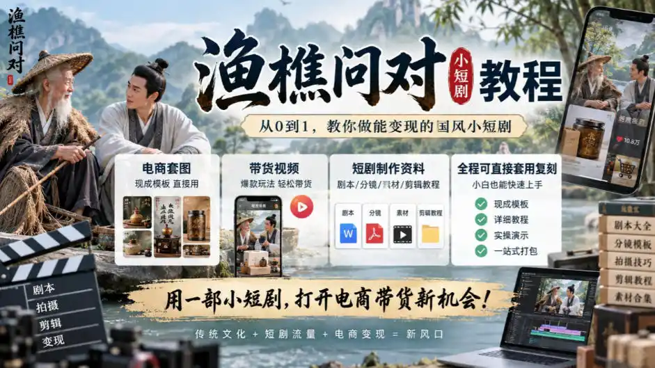 渔樵问对小短剧教程，包含电商套图、带货视频，短剧制作资料，全程可直接套用复刻-小创项目网