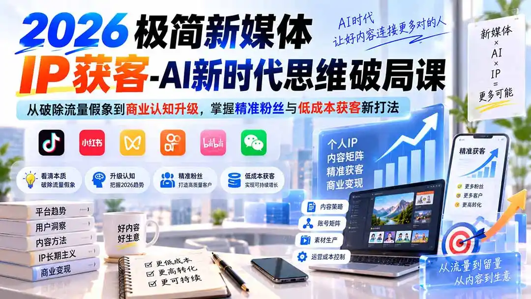 2026极简新媒体IP获客-AI新时代思维破局课：从破除流量假象到商业认知升级，掌握精准粉丝与低成本获客新打法-小创项目网