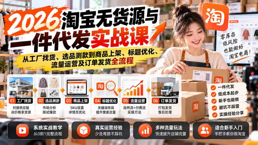 2026淘宝无货源与一件代发实战课：从工厂找货、选品测款到商品上架、标题优化、流量运营及订单发货全流程-小创项目网