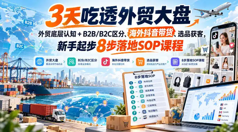 3天吃透外贸大盘，外贸底层认知+B2B/B2C区分、海外抖音带货、选品获客，新手起步8步落地SOP课程-寒山客