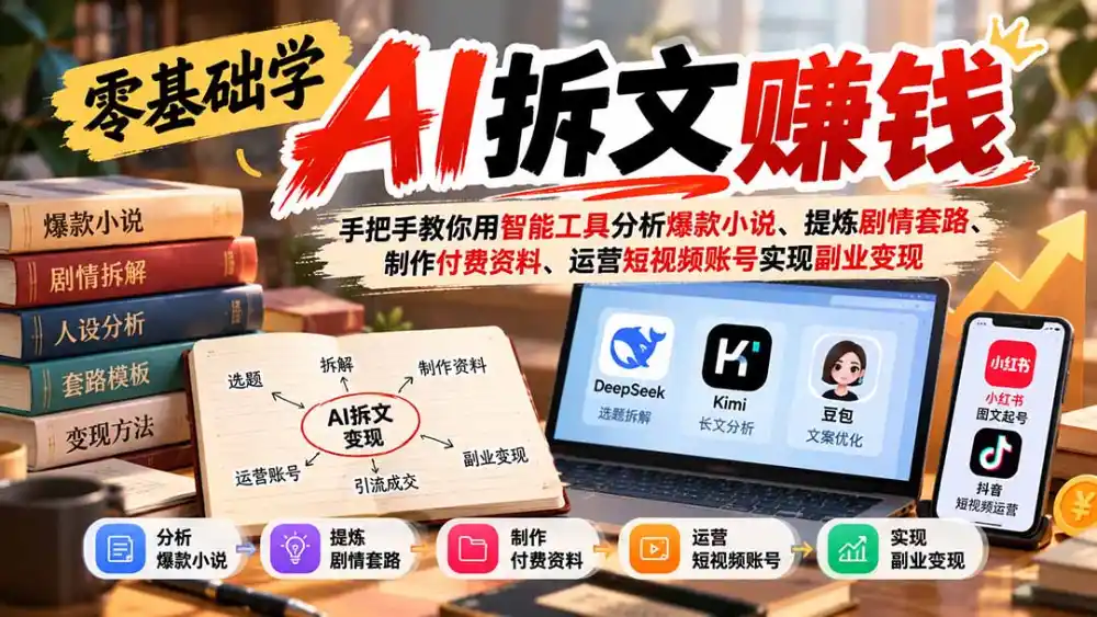 零基础学AI拆文赚钱：手把手教你用智能工具分析爆款小说、提炼剧情套路、制作付费资料、运营短视频账号实现副业变现-小创项目网