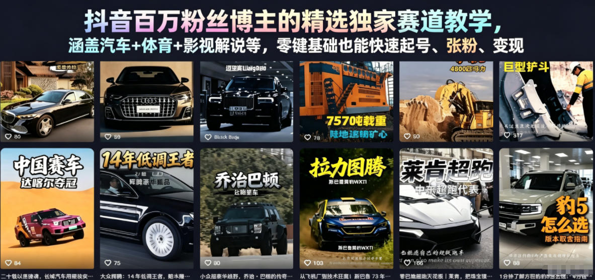 抖音百万粉丝博主的精选独家赛道教学，涵盖汽车+体育+影视解说等，零基础也能快速起号、涨粉、变现-寒山客