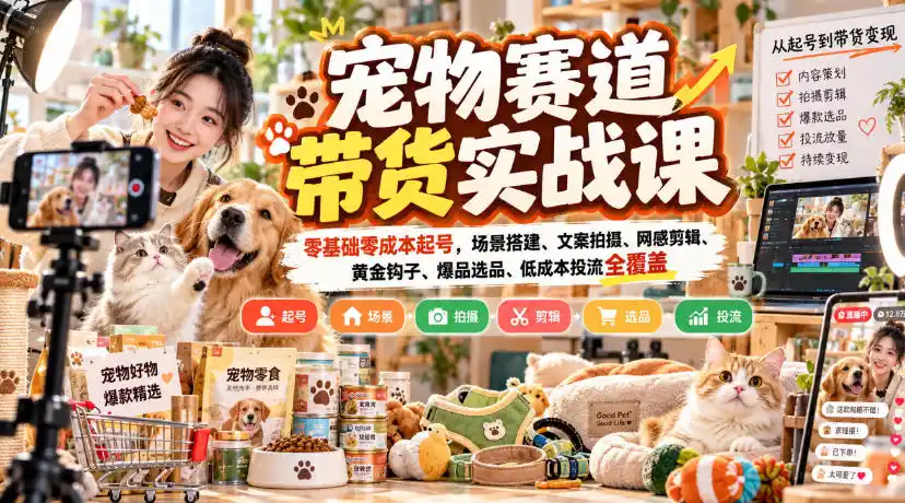 宠物赛道带货实战课，零基础零成本起号，场景搭建、文案拍摄、网感剪辑、黄金钩子、爆品选品、低成本投流全覆盖-寒山客