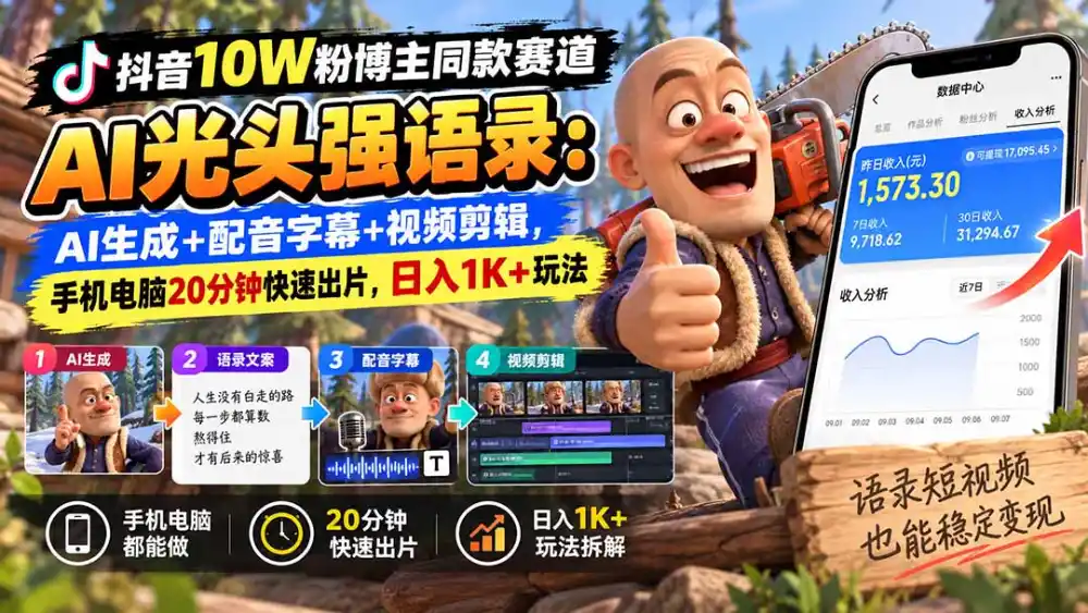 【无水印】抖音10W粉博主同款赛道AI光头强语录：AI生成+配音字幕+视频剪辑，手机电脑20分钟快速出片，日入1K+玩法-寒山客