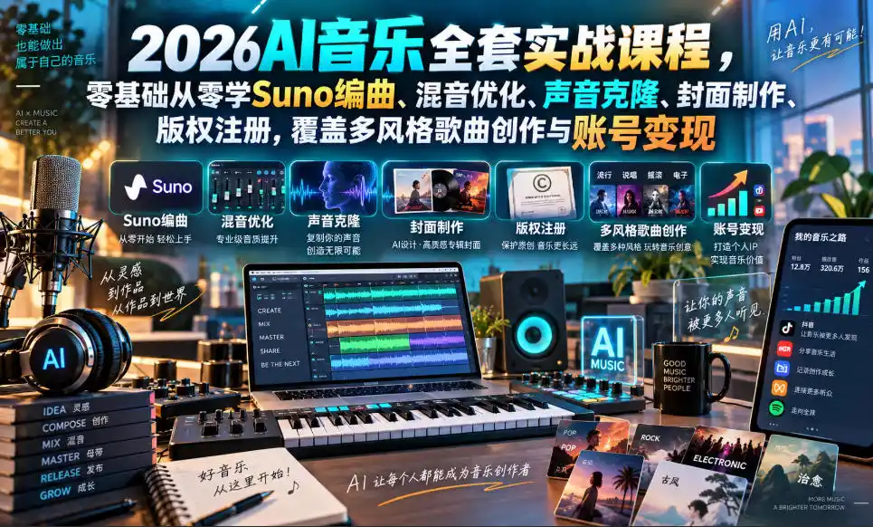 2026AI音乐实战课程，零基础从零学Suno编曲、混音优化、声音克隆、版权注册，覆盖多风格歌曲创作与账号变现-寒山客
