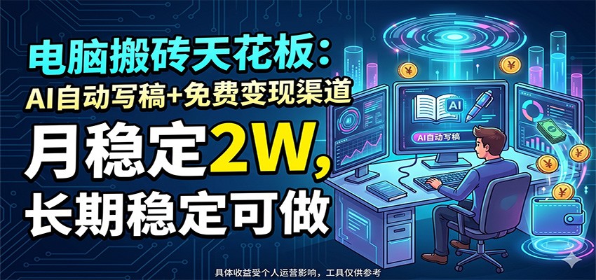 电脑搬砖天花板：AI自动写稿+免费变现渠道，月稳定2W，长期稳定可做-寒山客