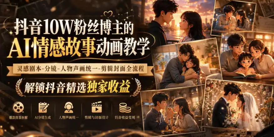 抖音10W粉丝博主的AI情感故事动画教学，灵感剧本‑分镜‑人物声画统一‑剪辑封面全流程，解锁抖音精选独家收益-小创项目网