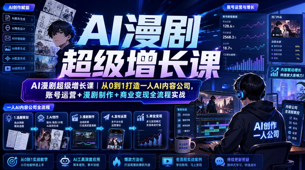 AI漫剧超级增长课|从0到1打造一人AI内容公司,账号运营+漫剧制作+商业变现全流程实战-寒山客