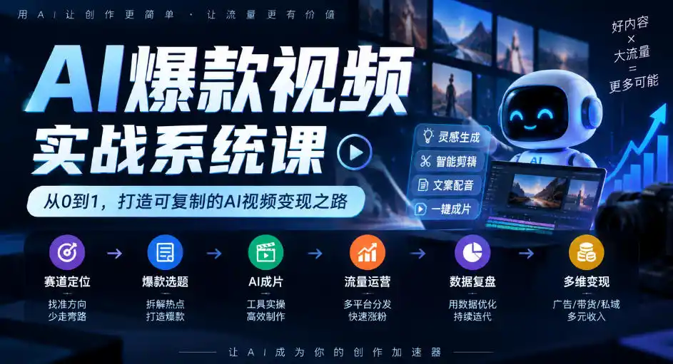 AI爆款视频实战系统课｜赛道定位、爆款选题、AI成片、流量运营、数据复盘、多维变现全链路教学-小创项目网
