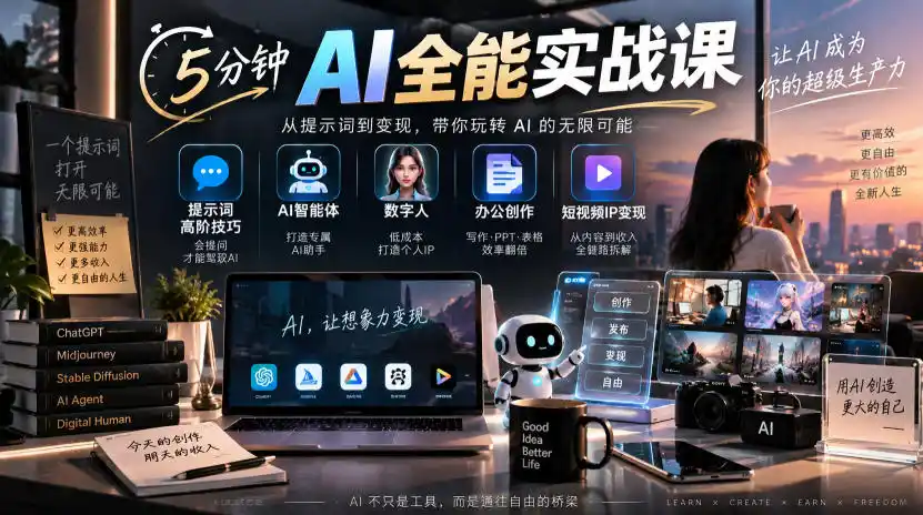 5分钟AI全能实战课｜提示词高阶技巧+AI智能体+数字人+办公创作+短视频IP变现全教程-大伟资源网