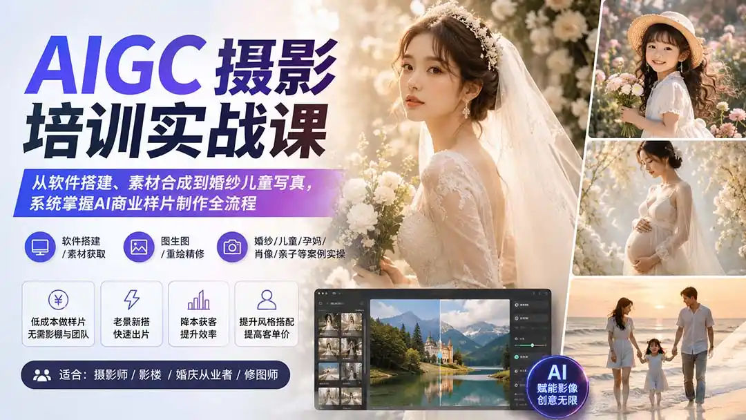 AIGC摄影培训实战课：从软件搭建、素材合成到婚纱儿童写真，系统掌握AI商业样片制作全流程-小创项目网