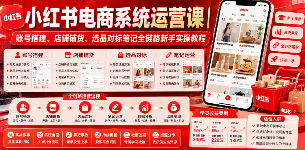 小红书电商系统运营课｜账号搭建、店铺铺货、选品对标笔记全链路新手实操教程-小创项目网