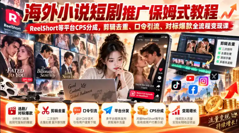 海外小说短剧推广保姆式教程｜ReelShort等平台CPS分成，剪辑去重、口令引流、对标爆款全流程变现课-寒山客