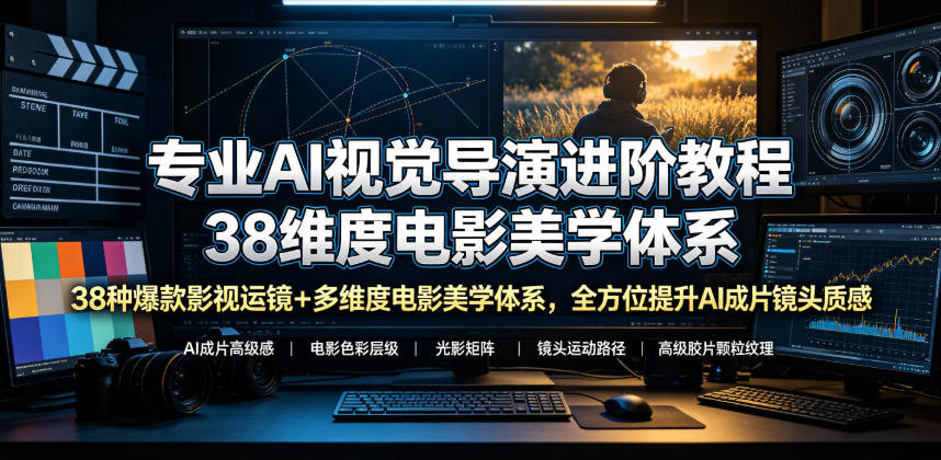 专业AI视觉导演进阶教程，38种爆款影视运镜+多维度电影美学体系，全方位提升AI成片高级感与镜头质感-寒山客