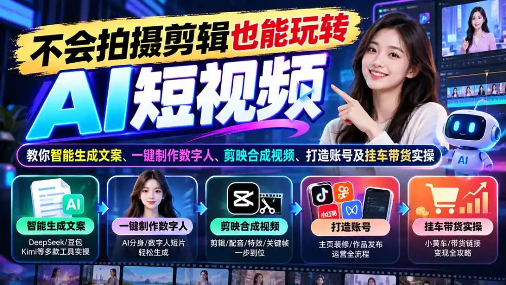 不会拍摄剪辑也能玩转AI短视频：教你智能生成文案、一键制作数字人、剪映合成视频、打造账号及挂车带货实操-小创项目网