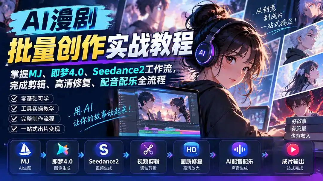 AI漫剧批量创作实战教程：掌握MJ、即梦4.0、Seedance2工作流，完成剪辑、高清修复、配音配乐全流程-大伟资源网