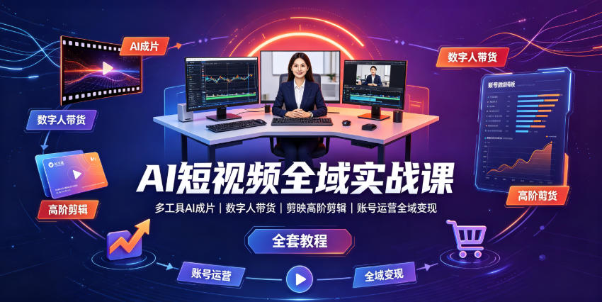 AI短视频全域实战课｜多工具AI成片、数字人带货、剪映高阶剪辑、账号运营全域变现全套教程-小创项目网