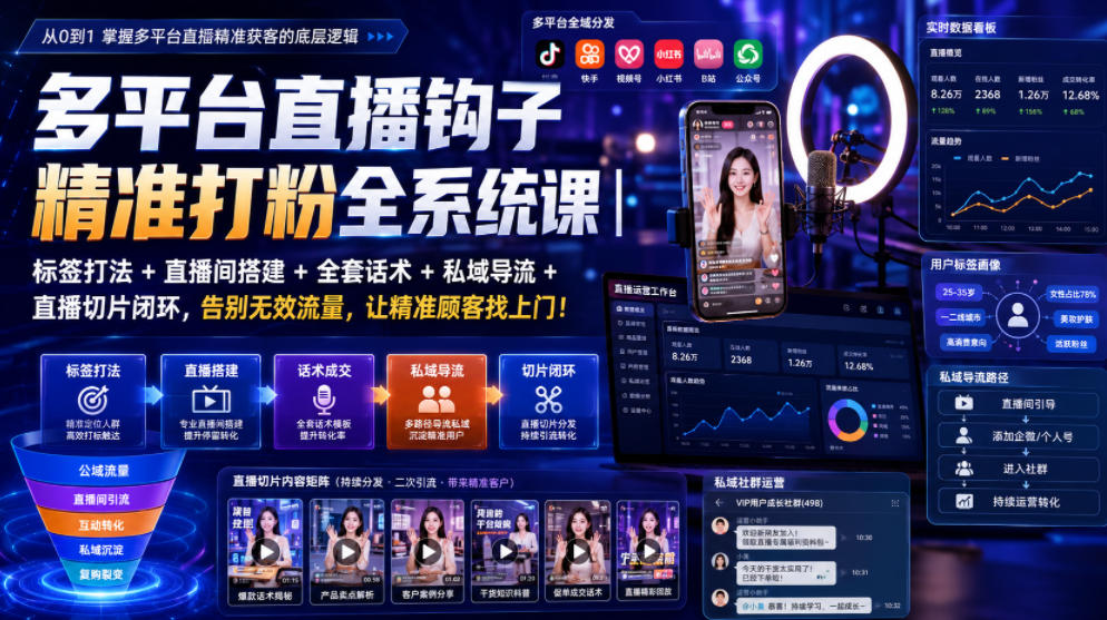 多平台直播钩子精准打粉全系统课｜标签打法+直播间搭建+全套话术+私域导流+直播切片闭环，告别无效流量，让精准顾客找上门！-小创项目网