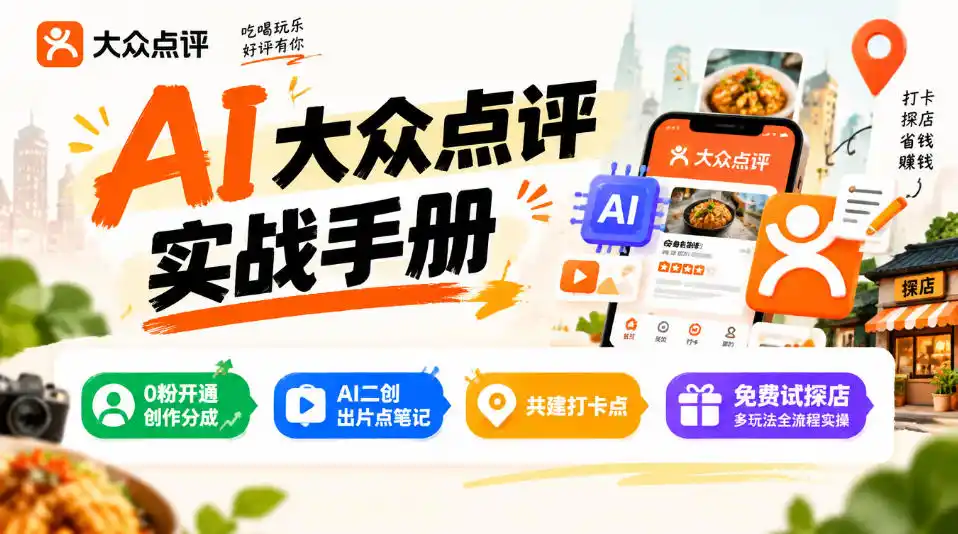 某局的AI大众点评实战手册，0粉开通创作分成、AI二创出片点笔记、共建打卡点、免费试探店多玩法全流程实操-小创项目网